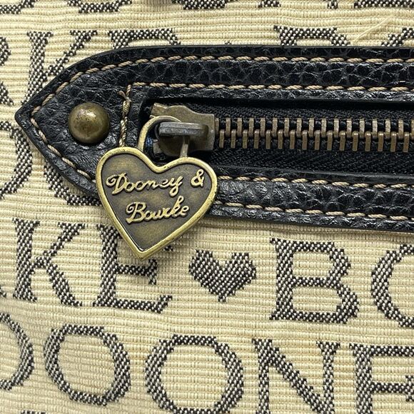 Dooney Bourke Tote Bag Tan Canvas  Black Lettering Leather Handbag Adjustable - Picture 7 of 14